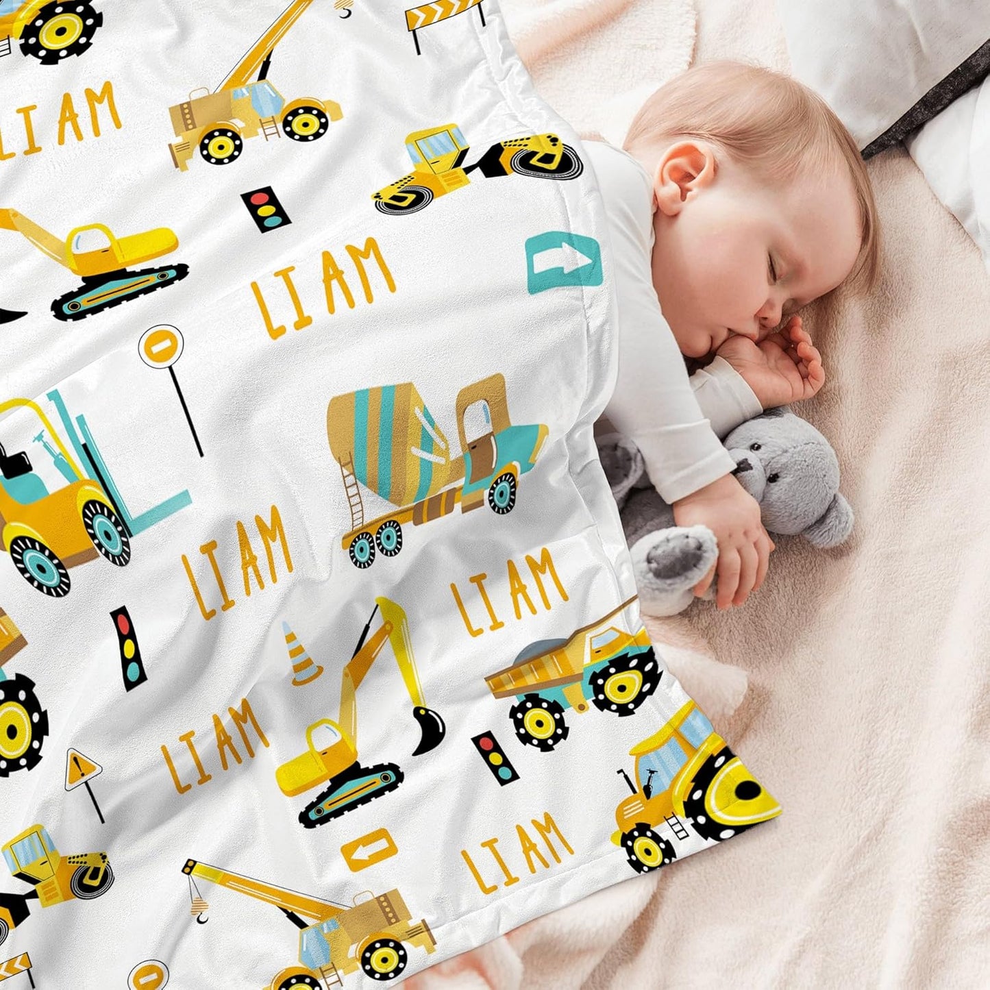 Personalized Truck Excavator Blanket with Name Cutsom Blanket for Baby Boy Car Lover Toddler Kids Customized Gifts for Baby Shower Christmas Birthday Newborn Gifts