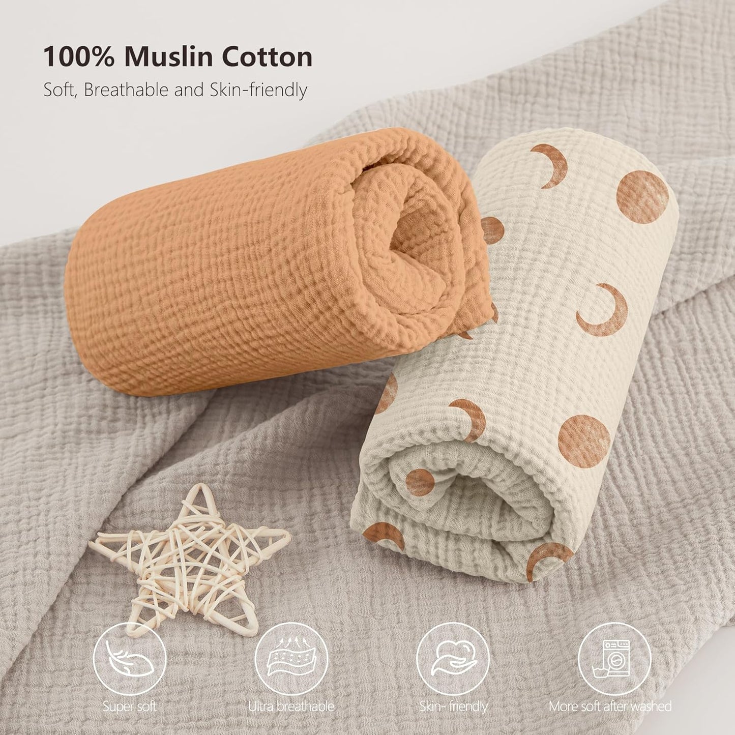 Bearmoss Muslin Mini Crib Sheets for Pack N Play Mattress - 100% Cotton - 38"x24" Soft Breathable Playard Baby Crib Sheets Neutral for Boys Girls - 2 Pack (Brown Moon)