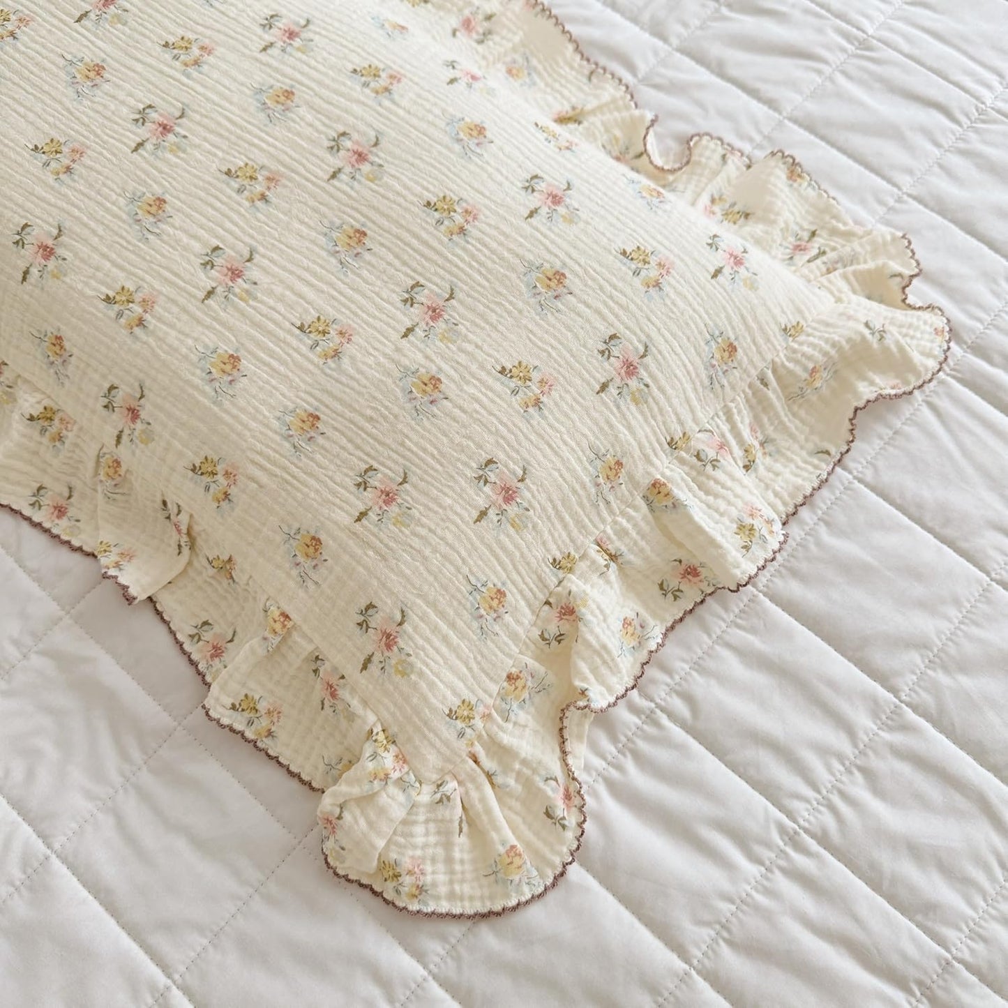 BuLuTu Double Layers Muslin Cotton Pillowcase King Size Vintage Floral Print Pillow Case Teens Girls Women Ruffled Pillow Cover, Envelope Closure, 20x36 inch, 1 Piece, Azalea