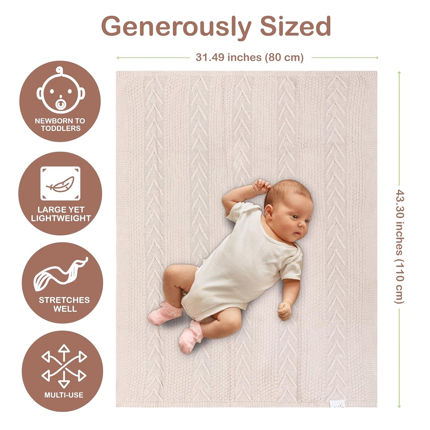Organic Cotton Baby Blanket - 31.5 x 43.3 Inches, Soft Knitted Crib Blanket for Boys & Girls, Breathable Design (Beige)