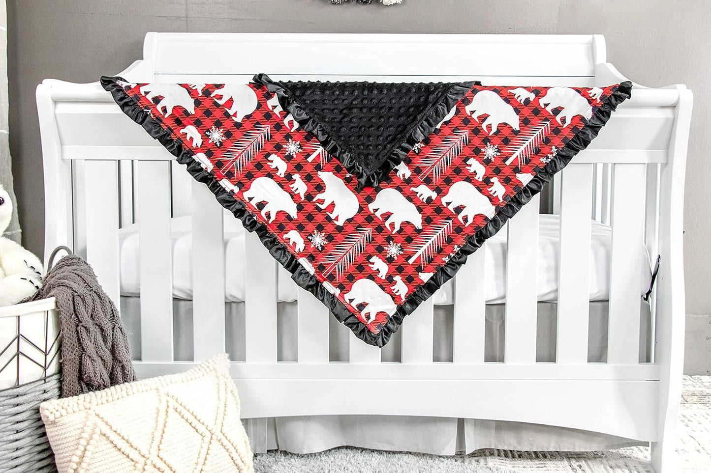Top Tots Baby Blanket - Bear Cubs & Snowflakes with Minky Dot & Satin Ruffle, 31 x 31 Inch Red & Black Plaid