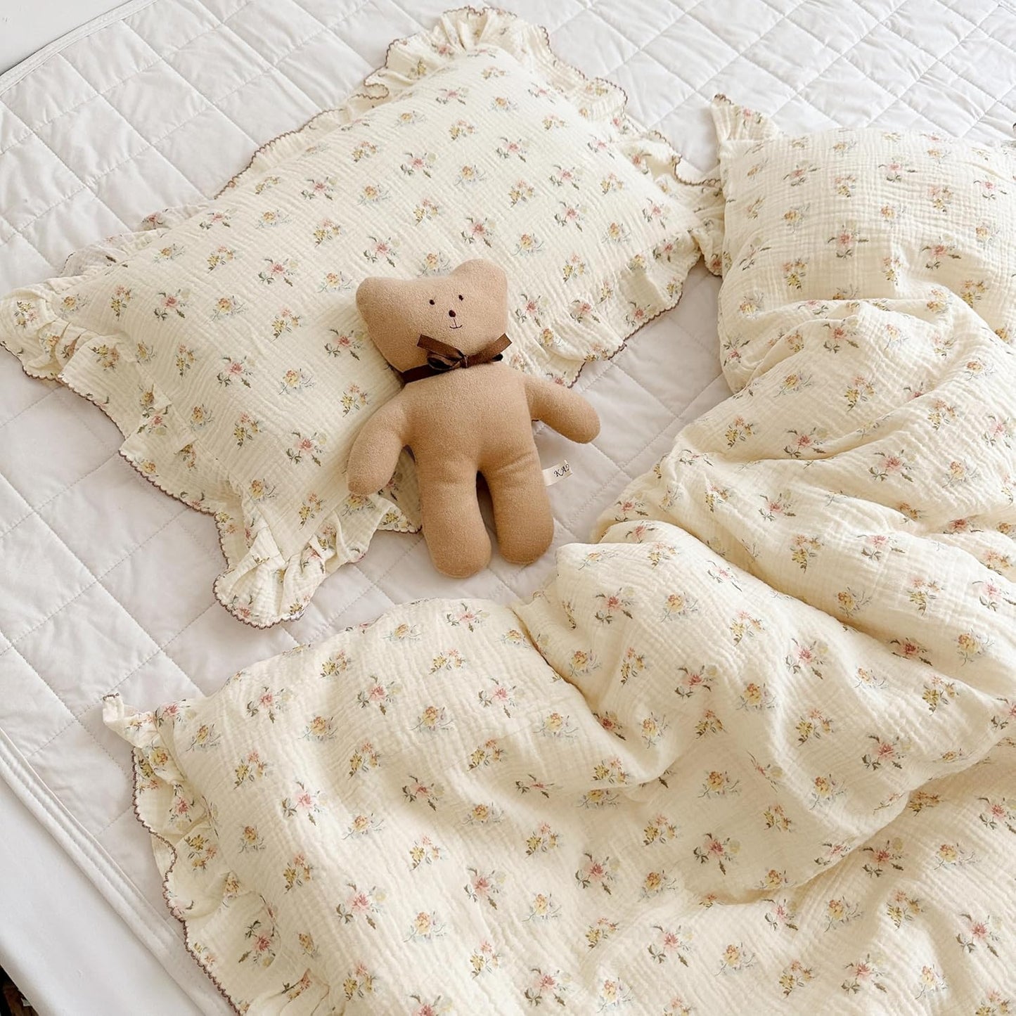 BuLuTu Double Layers Muslin Cotton Pillowcase King Size Vintage Floral Print Pillow Case Teens Girls Women Ruffled Pillow Cover, Envelope Closure, 20x36 inch, 1 Piece, Azalea