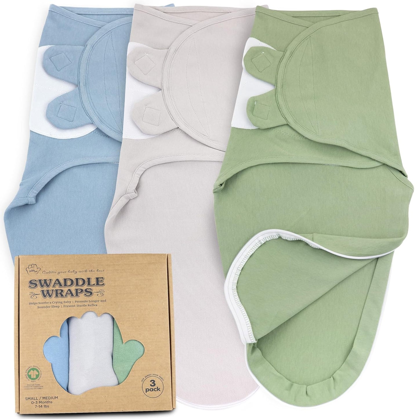 Bublo Baby Organic Swaddles for Newborns – Zipper Swaddles 0-3 Months, 3-Pack – Infant Sleep Sack with Zipper – Adjustable & Breathable Swaddle Blanket Wrap for Newborn Girls (Light Green, Blue)
