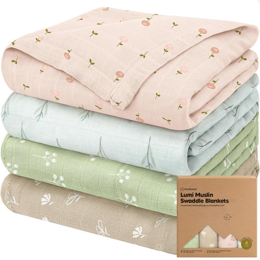 4-Pack Muslin Swaddle Blankets for Boys, Girls - Organic Baby Swaddles for Newborns, Soft & Breathable Receiving Baby Blankets for Girl, Boy, Neutral, Newborn Essentials Gift (Wild Bloom)