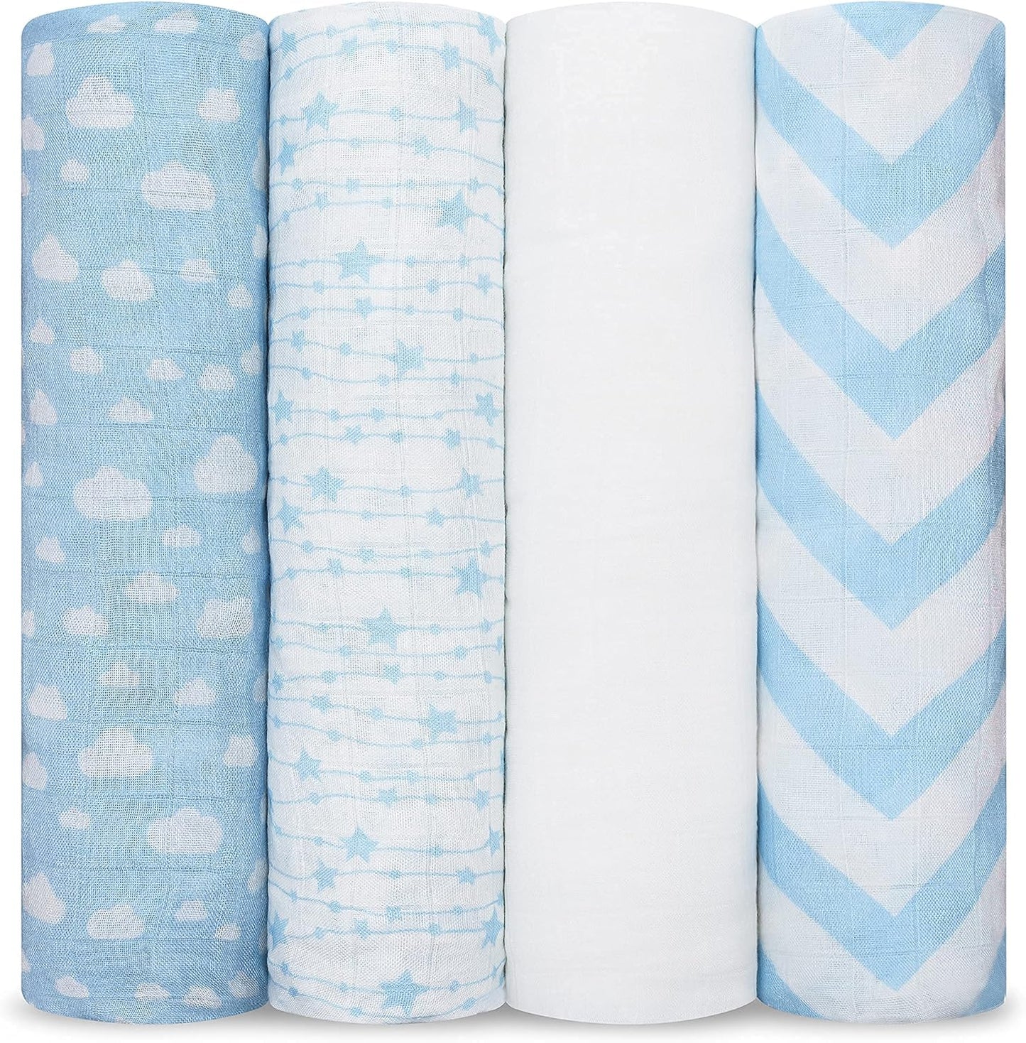 Comfy Cubs Muslin Swaddle Blankets Pack of 4, 47 x 47 Inches, Soft Cotton Baby Blanket Set, Large Multipurpose Swaddling Wraps for Newborns - Self-Soothing Swaddle - Blue