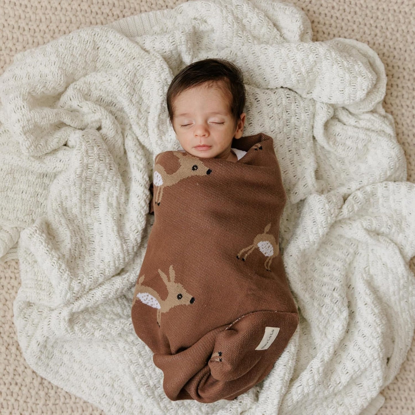 Knit Baby Swaddling Blanket - 100% Cotton Lightweight Soft Cozy Receiving Swaddle Crib Stroller Quilt Blanket for Shower Gift Registry for Newborns, Infants, Toddlers (Deer - Mocha)