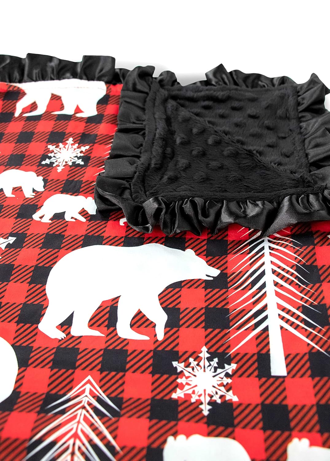 Top Tots Baby Blanket - Bear Cubs & Snowflakes with Minky Dot & Satin Ruffle, 31 x 31 Inch Red & Black Plaid