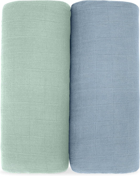 Comfy Cubs Muslin Swaddle Blankets Pack of 2 - 47 x 47 Inch Soft Cotton Baby Blanket Set, Large Multipurpose Wraps for Newborns - Self-Soothing Swaddles for Newborns - Pacific Blue & Fern
